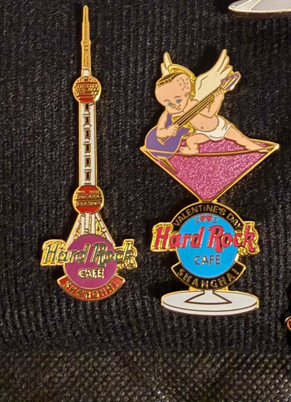 Hard Rock Cafe Shanghai Tower and Valentine's Day Cupid Pins Lot of 2